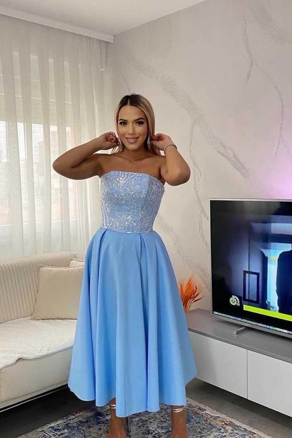 Simple A-line Strapless Satin Blue Short Prom Dress – BIZTUNNEL