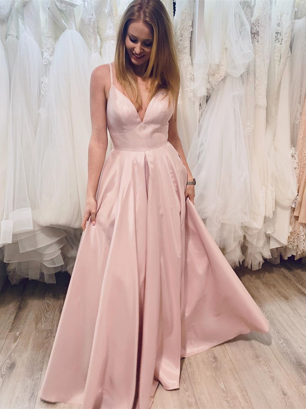 Simple A-Line V Neck Satin Sleeveless Long Prom Formal Graduation Evening Dresses
