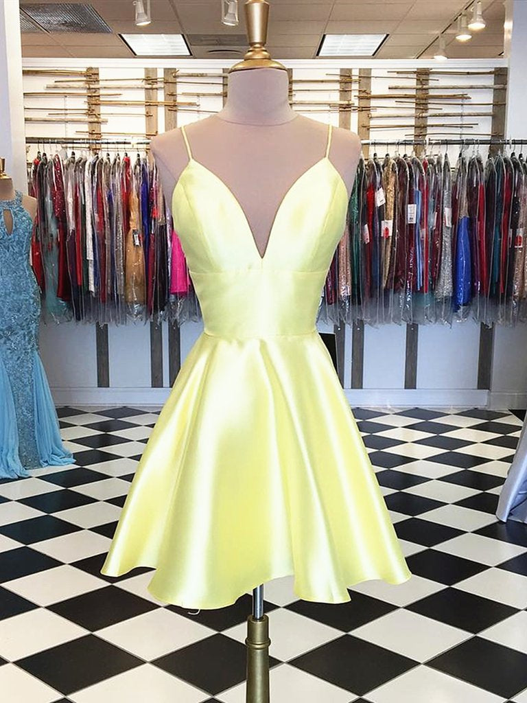 Simple A Line V Neck Yellow Satin Short Prom Homecoming Dresses Simple A Line V Neck Yellow Satin Short Prom Homecoming Dresses