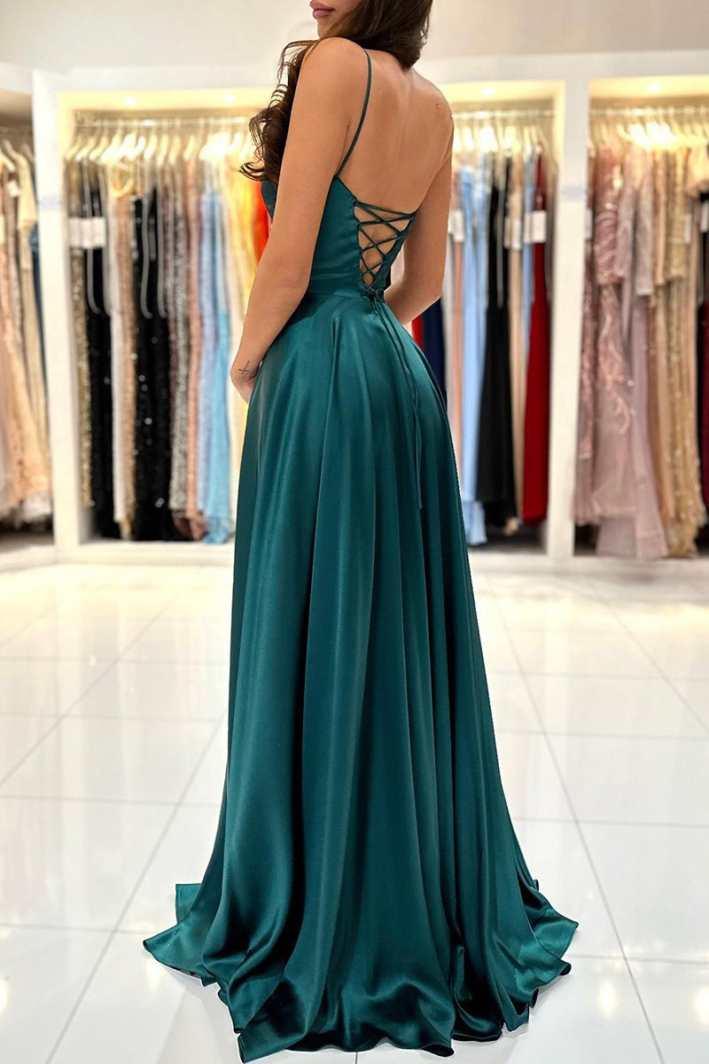Simple Dark Green A Line Split Long Open Back Prom Formal Dress Simple Dark Green A Line Split Long Open Back Prom Formal Dress