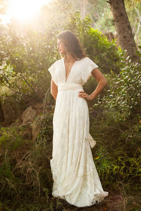 Simple Long A-line Open Back Sleeveless V-neck Lace Wedding Dress-BIZTUNNEL