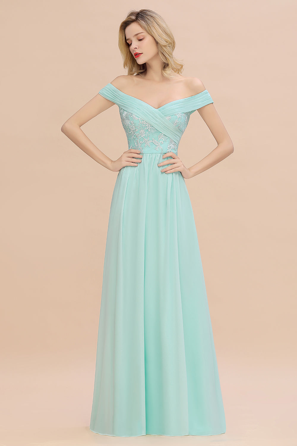 Simple Long A-line Ruffles Off-the-shoulder Bridesmaid Dress with Appl