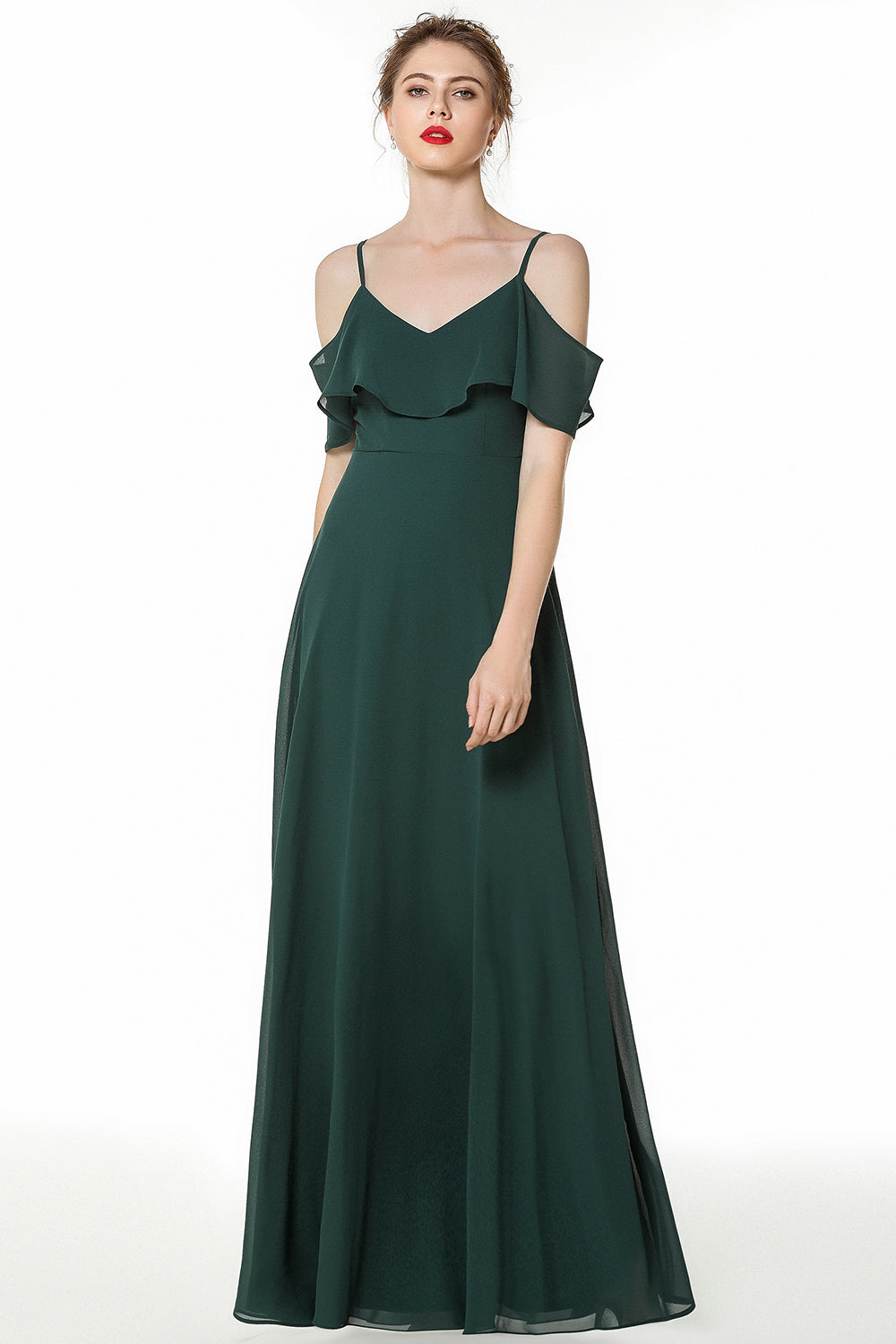 Simple Long A-line Spaghetti Straps Open Back Bridesmaid Dress with Sleeves