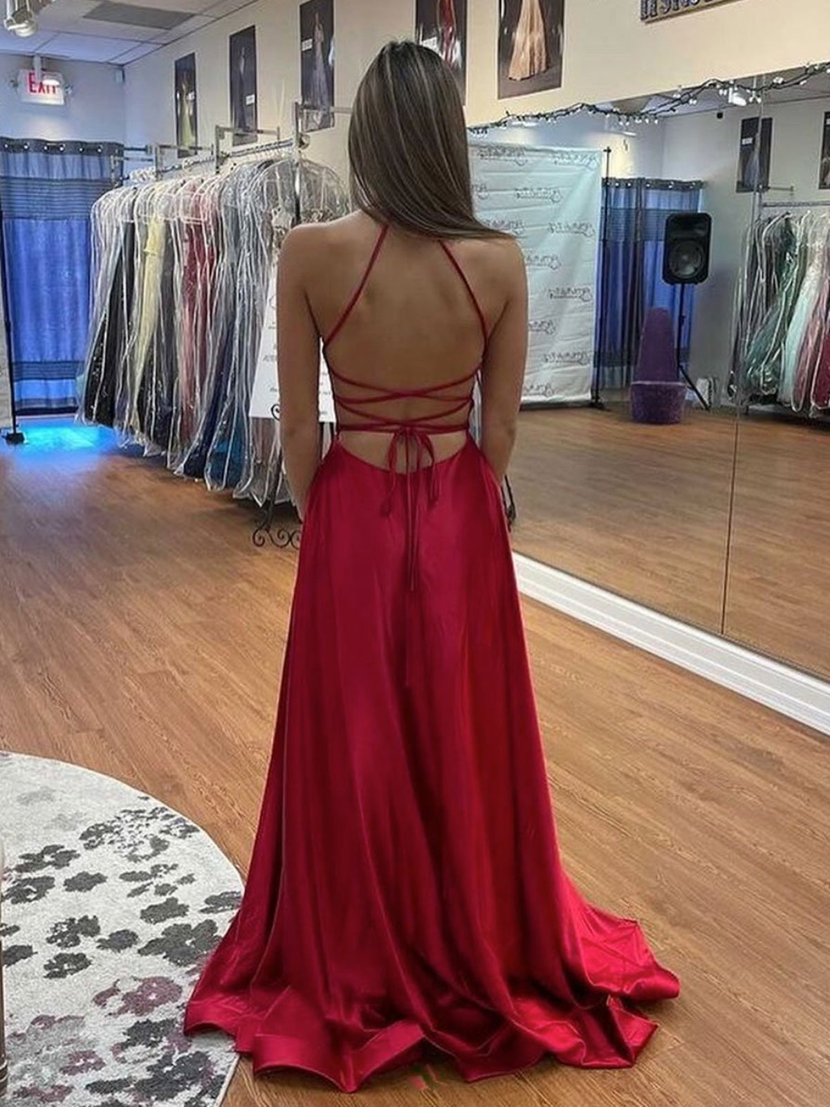Simple Long A-line V Neck Backless Satin Graduation Prom Dresses with High Slit Simple Long A-line V Neck Backless Satin Graduation Prom Dresses with High Slit