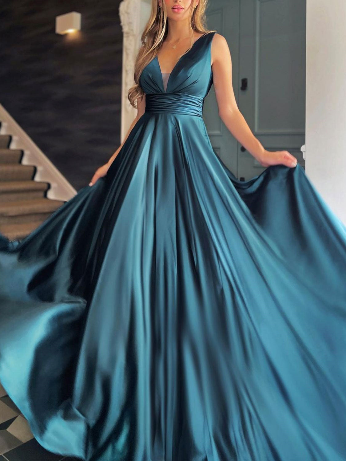 Simple Long A-line V-neck Satin Prom Dress White Formal Graduation Evening Dresses with Pockets Simple Long A-line V-neck Satin Prom Dress White Formal Graduation Evening Dresses with Pockets