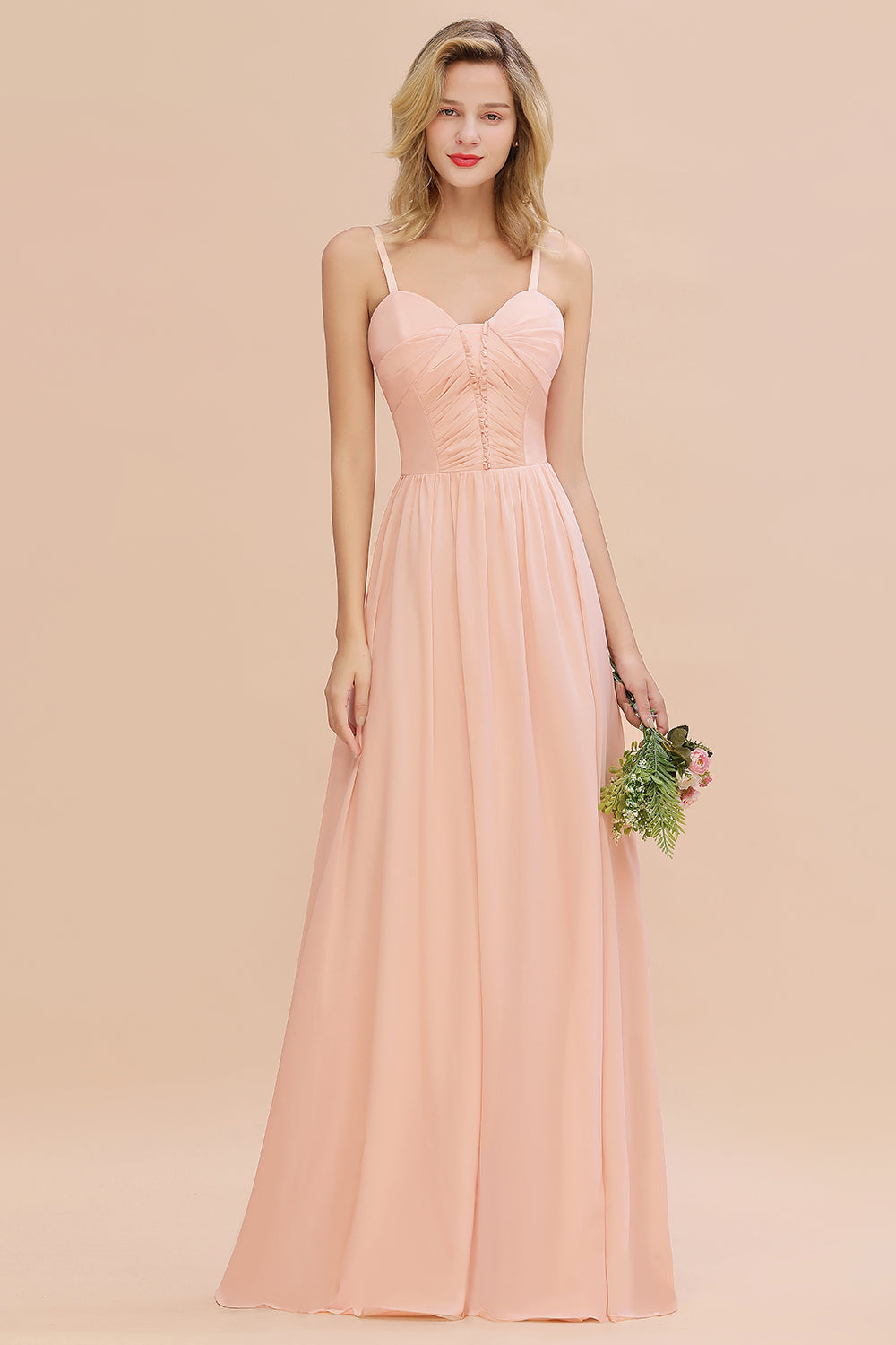Simple Long Chiffon Spaghetti Straps Pink Bridesmaid Dress