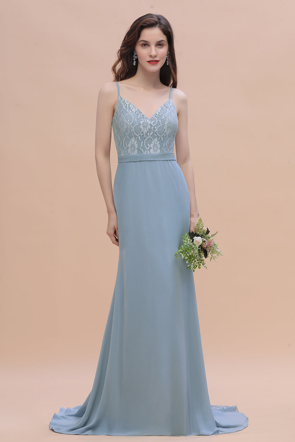 sachin and babi light blue dress Simple Long Mermaid V-Neck Lace Open Back Chiffon Bridesmaid Dress