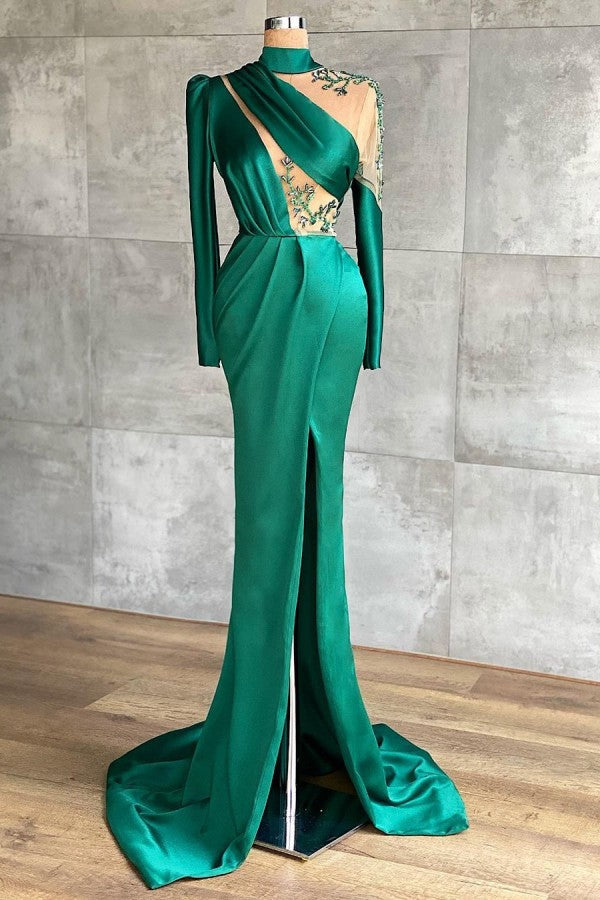 fitted lace wedding dress Simple Long Sleeve High Neck Mermaid Prom Dress with Slit