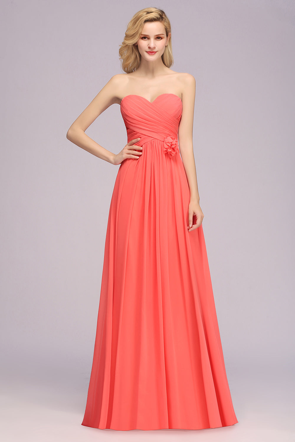 Simple Long Sweetheart Strapless A-line Bridesmaid Dress with Flower