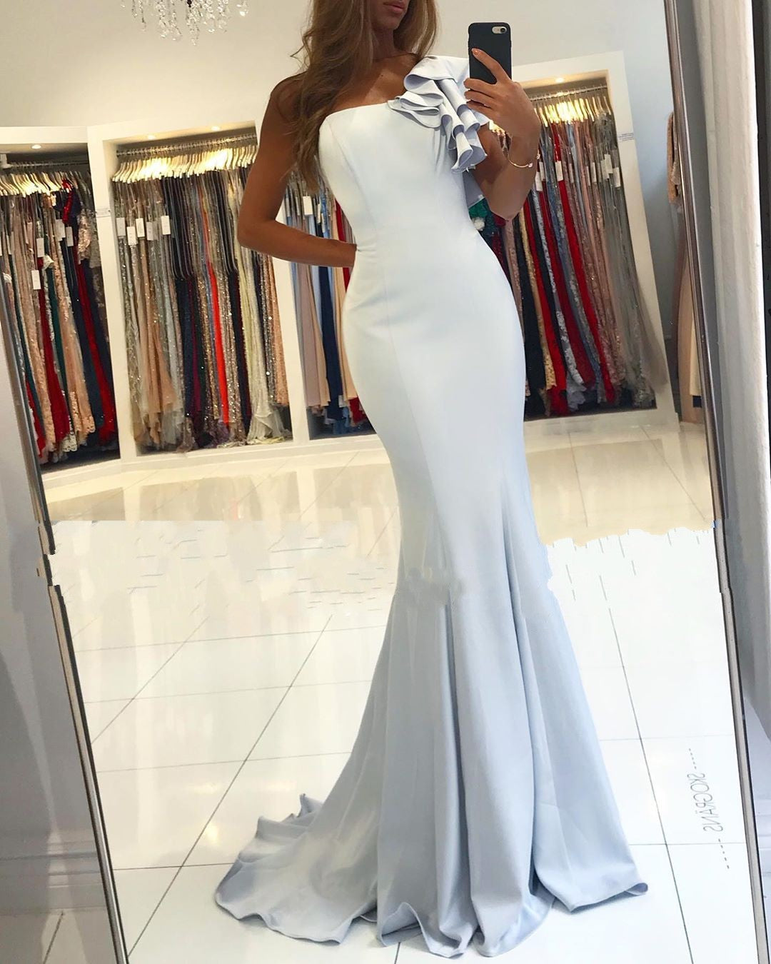 Simple Mermaid One Shoulder Backless Satin Long Prom Dress BIZTUNNEL Simple Mermaid One Shoulder Backless Satin Long Prom Dress BIZTUNNEL