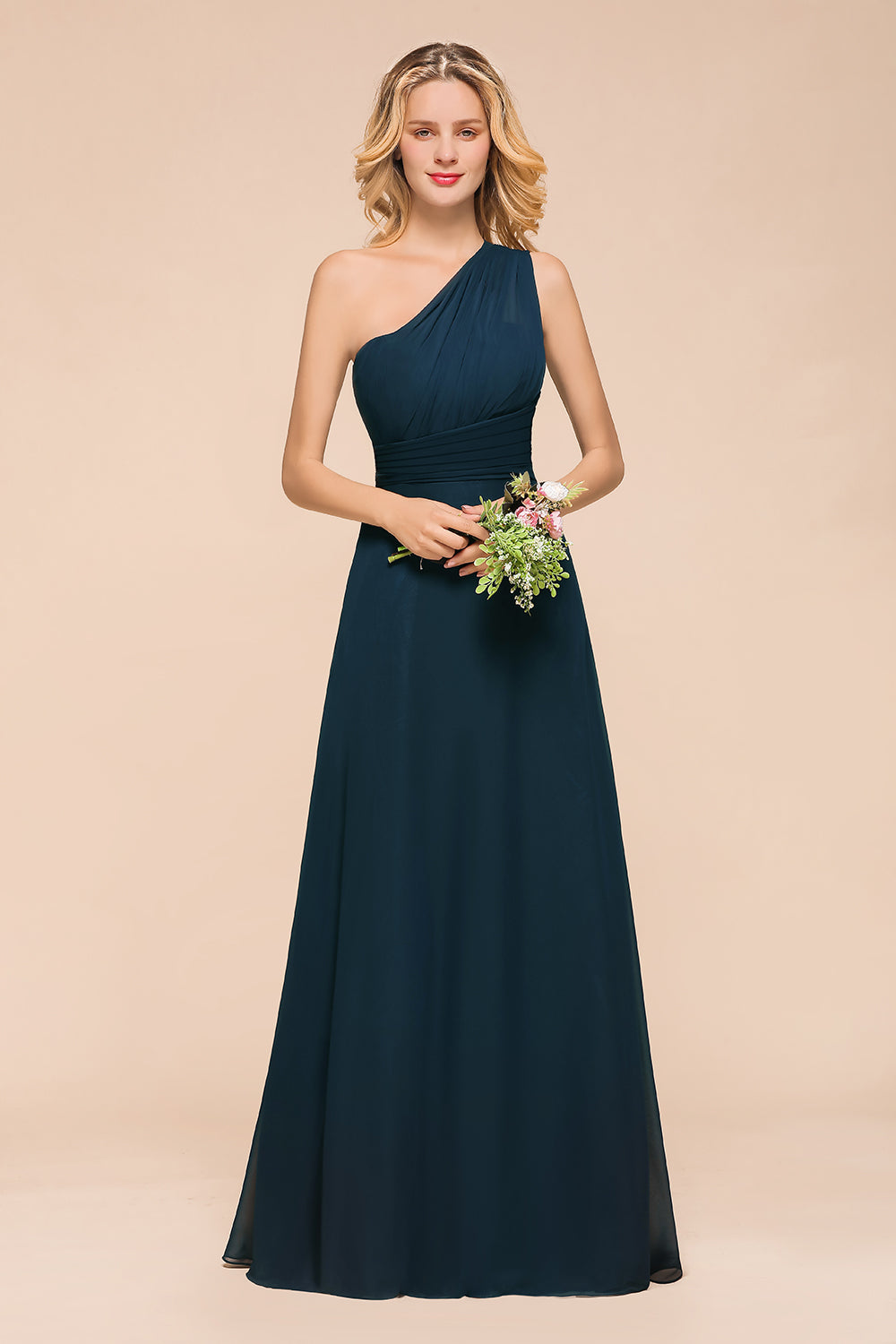 blue dress for baby girl A-Line/Princess Off-The-Shoulder Floor-Length Ruched Bridesmaid Dresses with Ruffles & Split Side main image 1