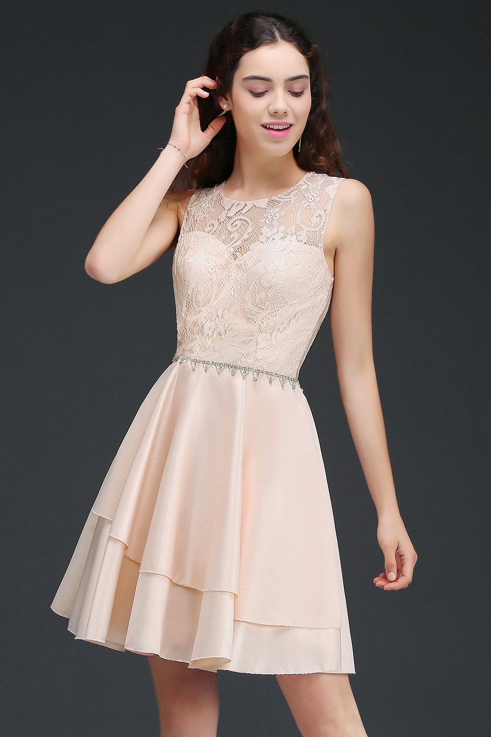 dresses lace and beads Simple Pink Lace Beads Open Back Short Bridesmaid Dresses