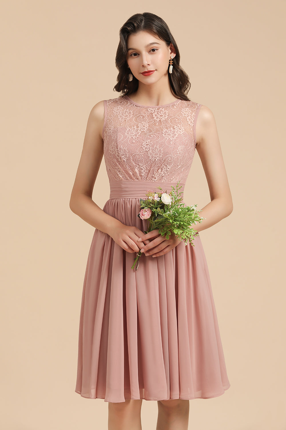Simple Short A-line Lace Straps Chiffon Bridesmaid Dress
