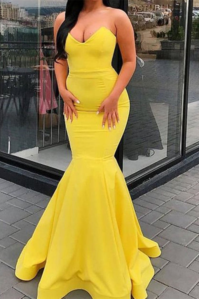 yellow mermaid formal dress Simple Yellow V Neck Mermaid Satin Long Prom Dress with Ruffles