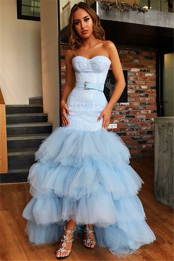 high low mermaid prom dresses Sky Blue High Low Strapless Tulle Mermaid Prom Dress
