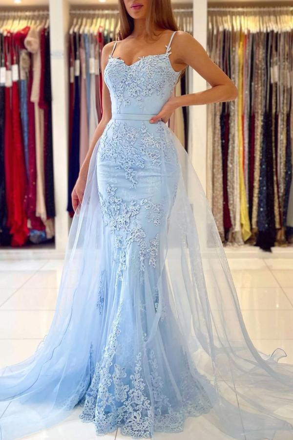 Sky Blue Lace Mermaid Sweetheart Tulle Lace Long Evening Dress