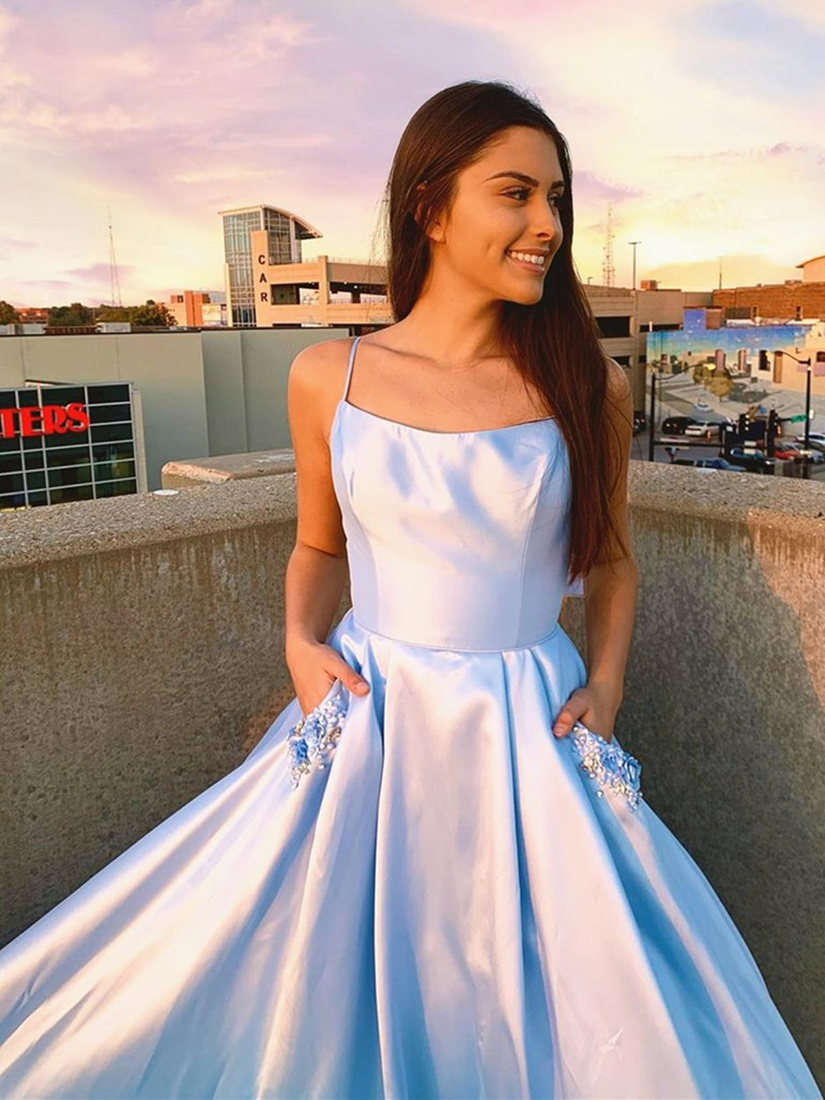 sky blue graduation dresses Sky Blue Long A-line Satin Formal Graduation Prom Dresses with Pockets