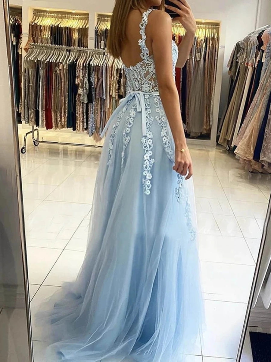 Sky Blue Long A-line Straps Tulle Lace Floral Backless Prom Graduation BIZTUNNEL Sky Blue Long A-line Straps Tulle Lace Floral Backless Prom Graduation BIZTUNNEL