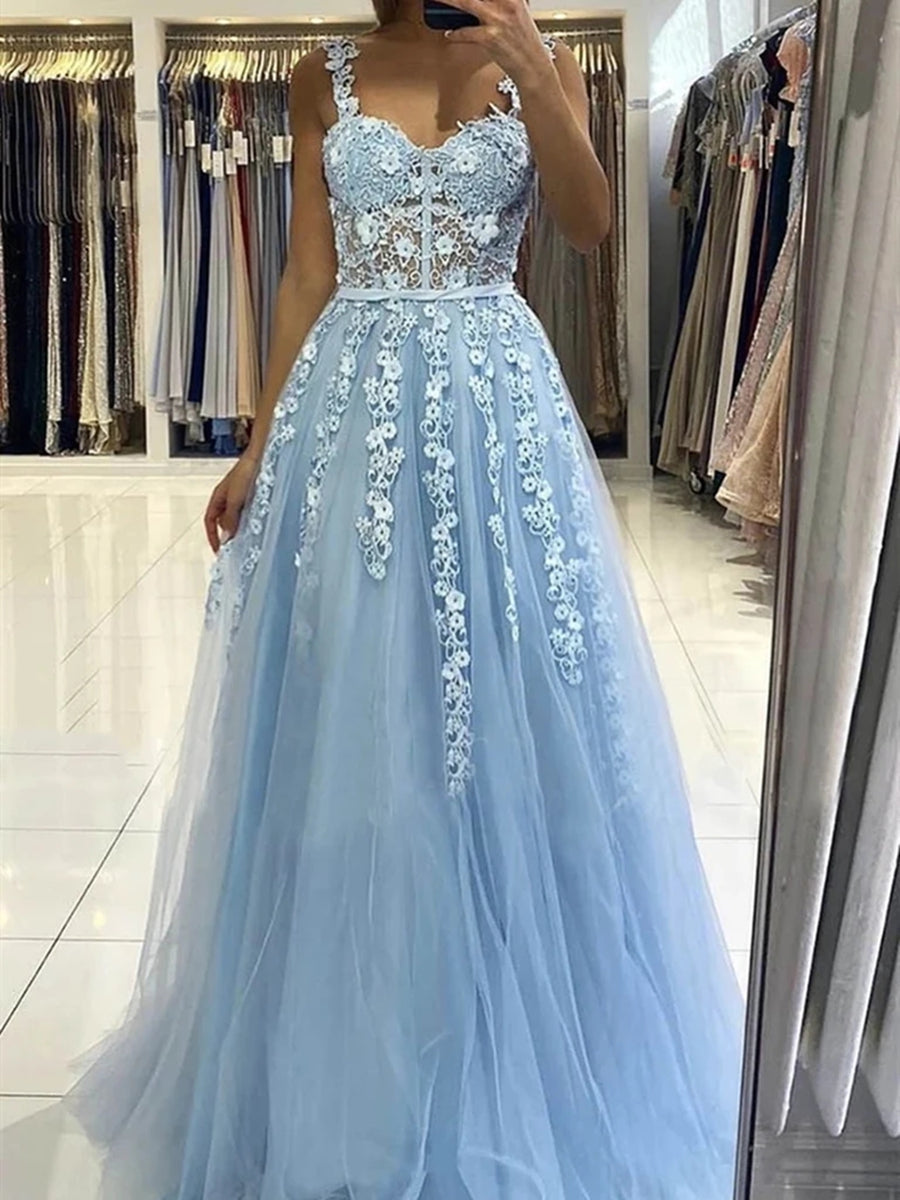 Sky Blue Long A-line Straps Tulle Lace Floral Backless Prom Graduation – BIZTUNNEL