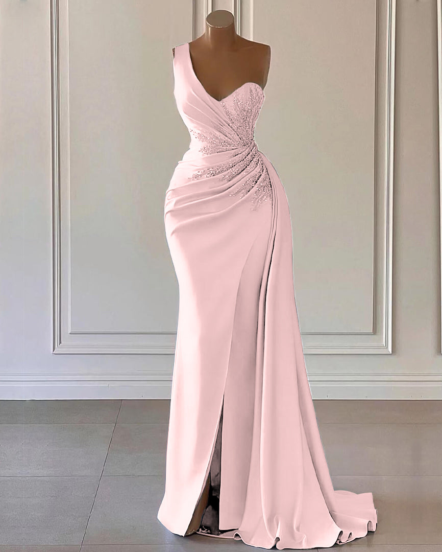 extravagant prom dresses Sky Blue One Shoulder Luxury Ruffles Mermaid Prom Dress with Split