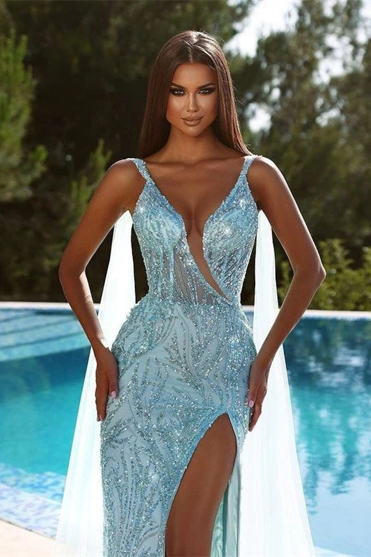 prom dress swimming Mermaid Sweetheart Beaded Applique Floor-length Sleeveless High Split With Side Train Prom Dress