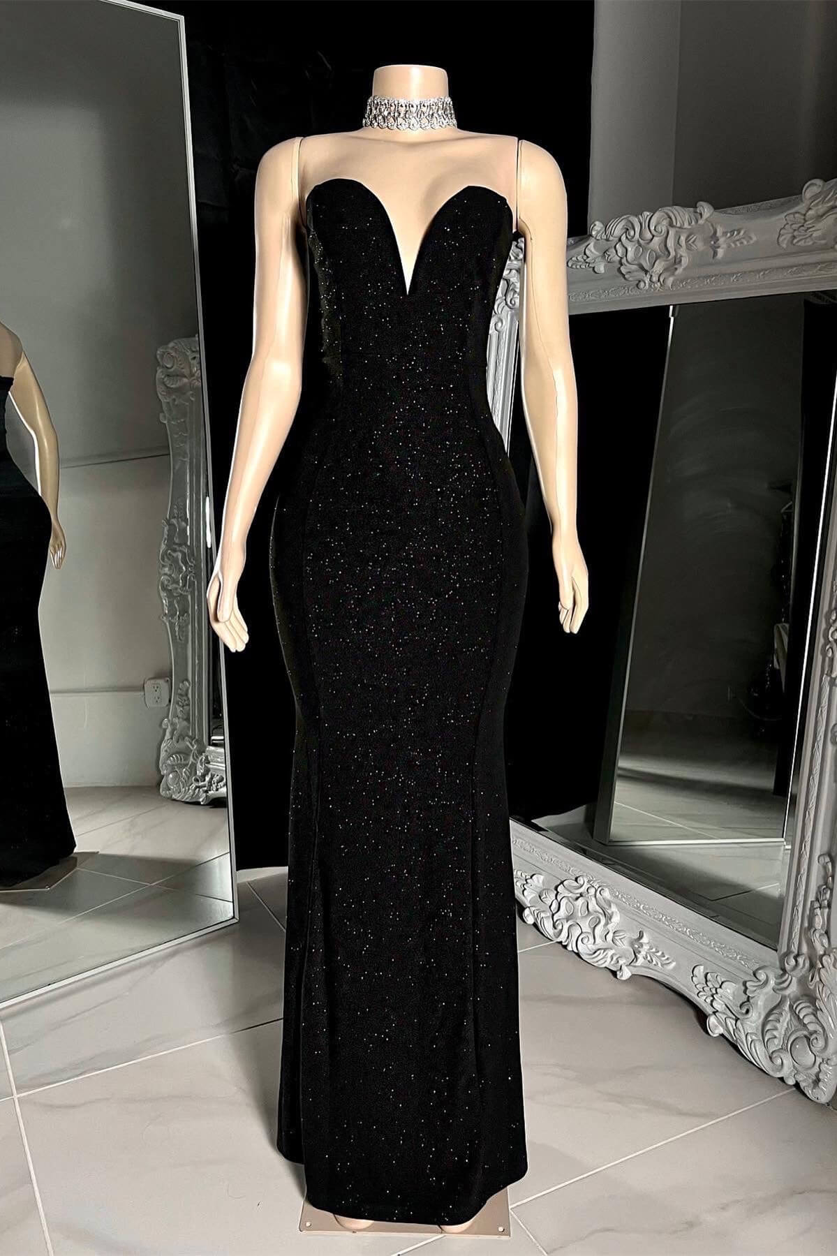 Long Sleeveless Black V Neck Mermaid Prom Dress Sequins Strapless –  BIZTUNNEL