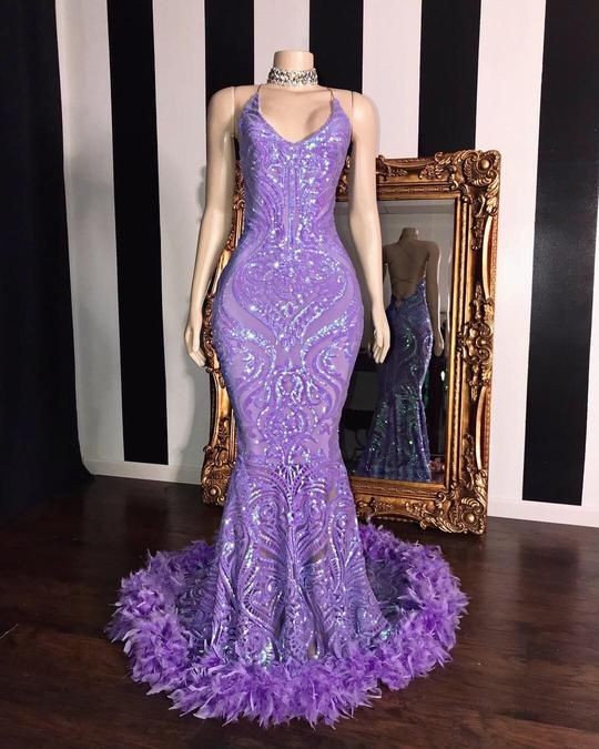 baddie prom dresses Sleeveless Halter Mermaid Prom Dress with Sequins and Feather Detail – BIZTUNNEL