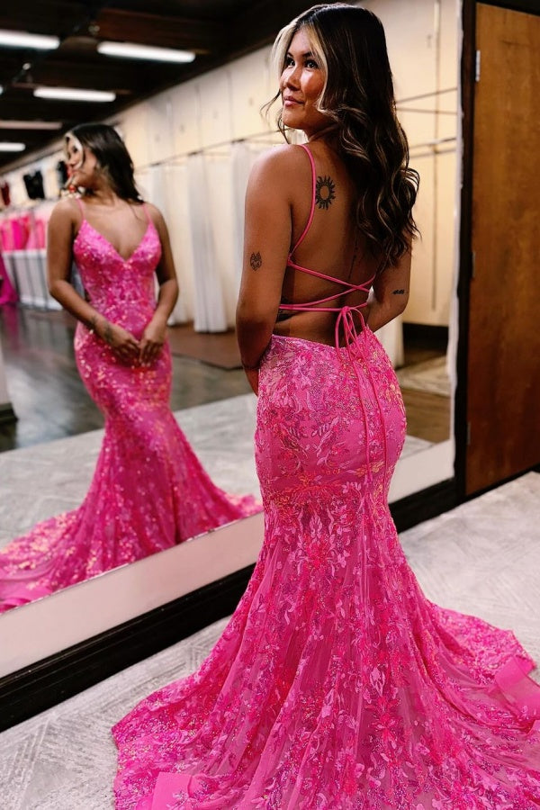 Sleeveless Pink Sequins Mermaid Long Prom Dress with Backless Spaghett BIZTUNNEL Sleeveless Pink Sequins Mermaid Long Prom Dress with Backless Spaghett BIZTUNNEL