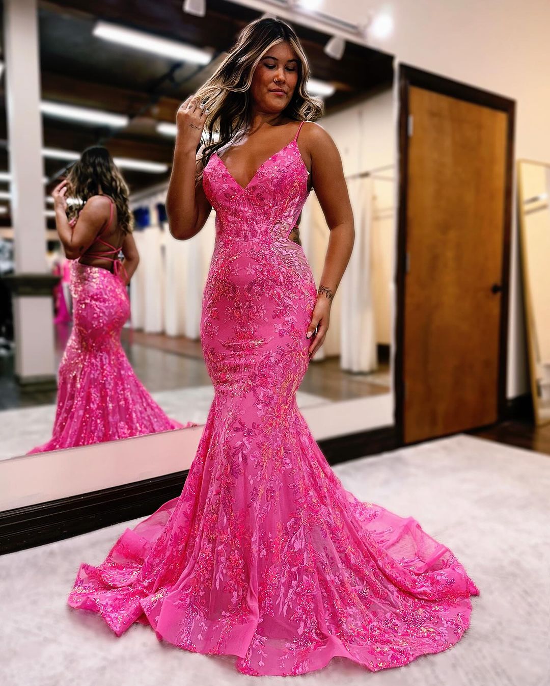 Sleeveless Pink Sequins Mermaid Long Prom Dress with Backless Spaghett BIZTUNNEL