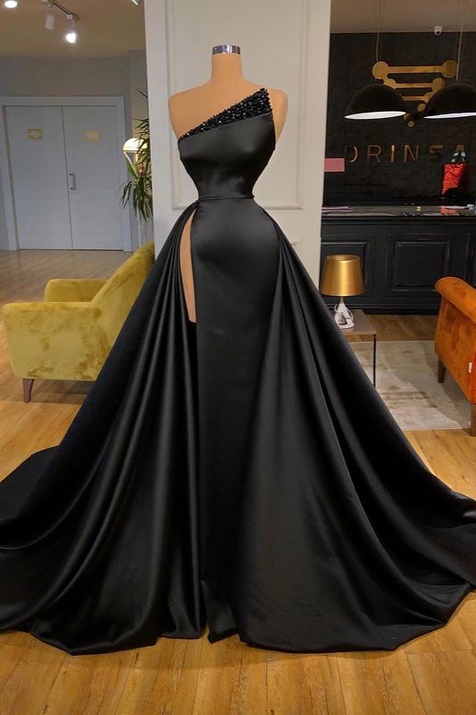 Slit Front Black Strapless Long Prom Dress with Beads