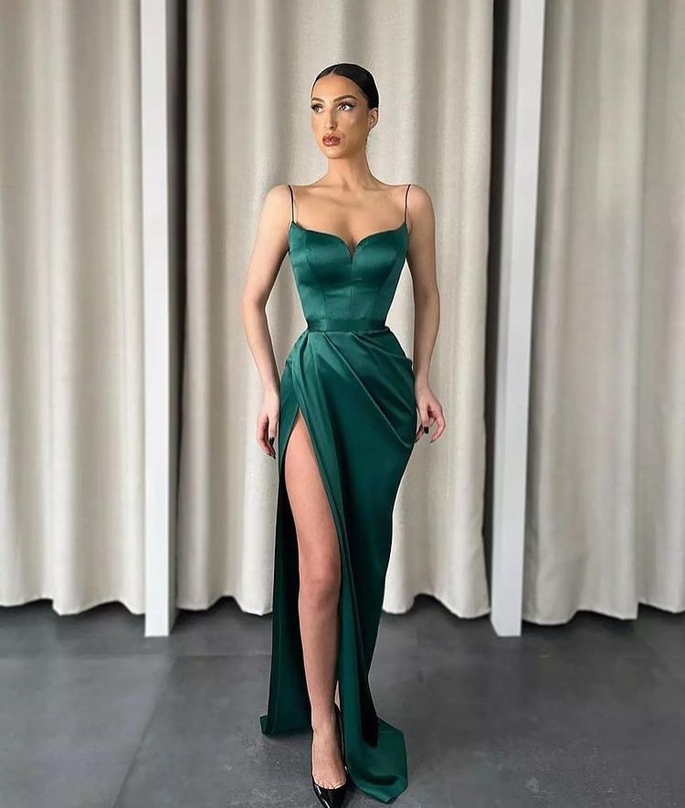 hunter green mermaid dress Spaghetti Straps Dark Green Long Mermaid Sweetheart Evening Dress with Split