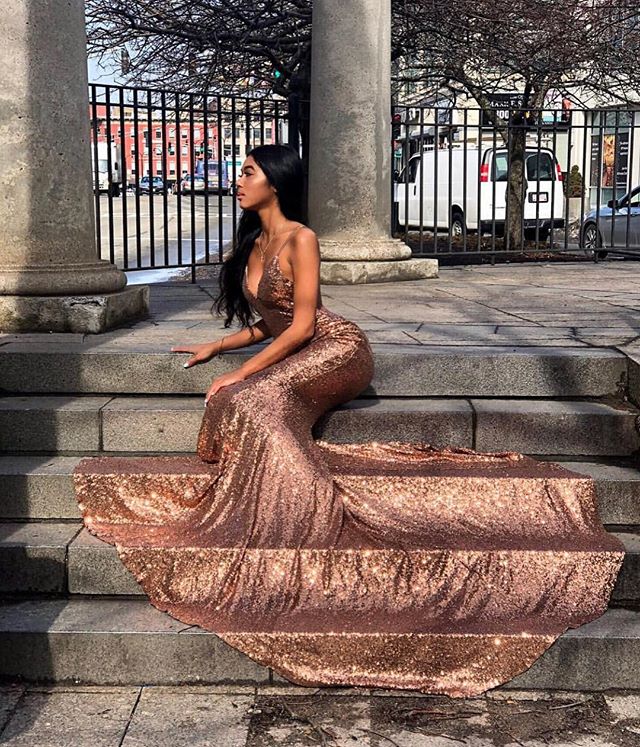 Spaghetti Straps V-Neck Champagne Mermaid Prom Dress with Sequins Spaghetti Straps V-Neck Champagne Mermaid Prom Dress with Sequins