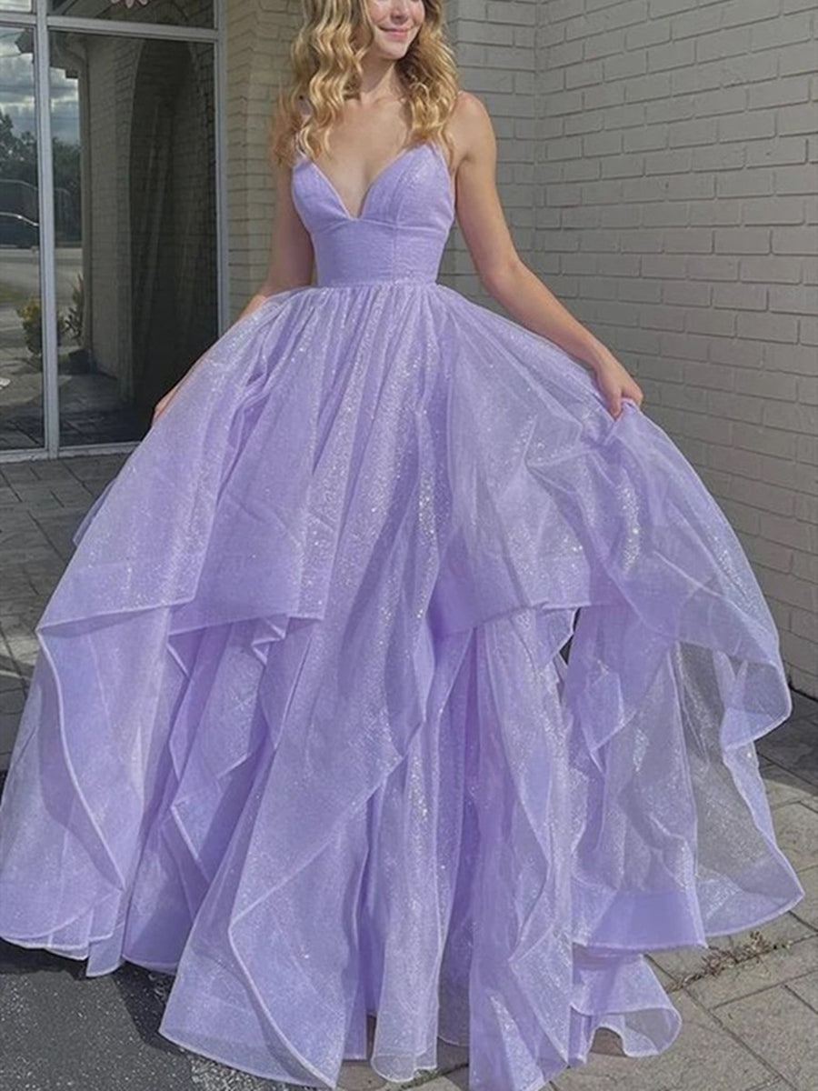 Sparkly A-line V Neck Long Prom Dresses Fluffy Purple Formal Evening Dresses Sparkly A-line V Neck Long Prom Dresses Fluffy Purple Formal Evening Dresses