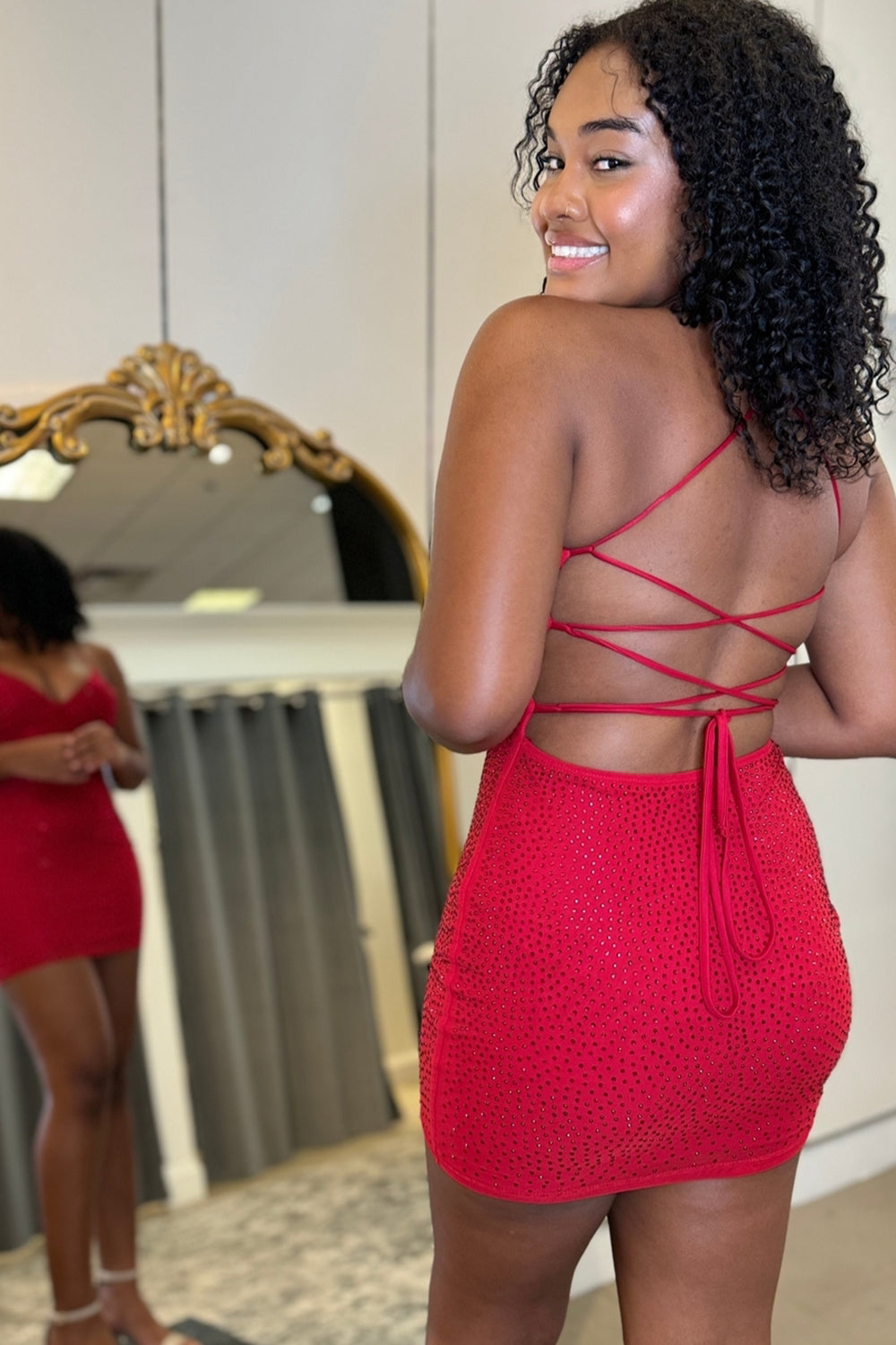 Sparkly Beaded Red Tight Short Homecoming Dress  BIZTUNNEL