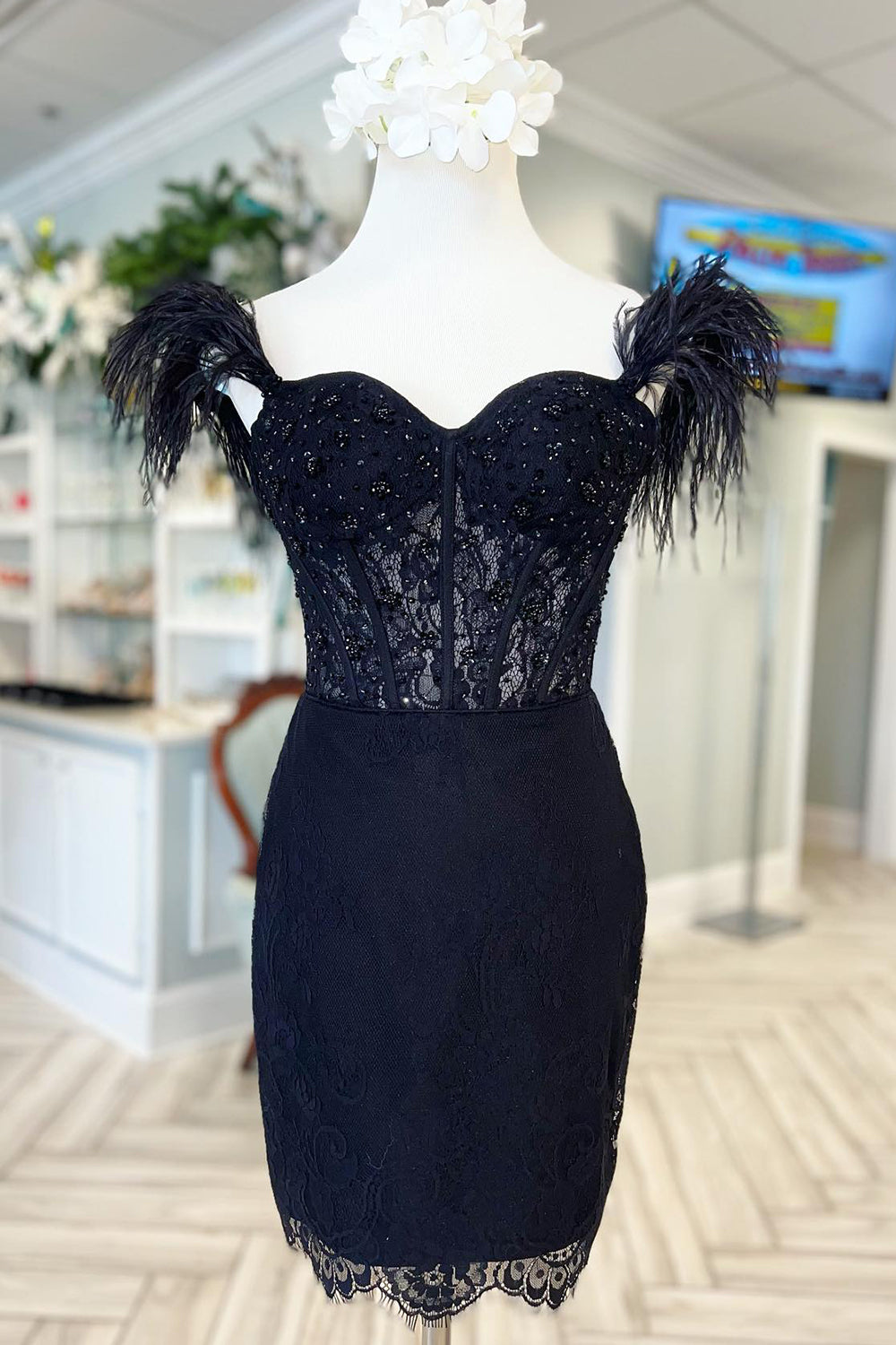 Sparkly Black Corset Lace Feathers Tight Short Homecoming Dress Sparkly Black Corset Lace Feathers Tight Short Homecoming Dress