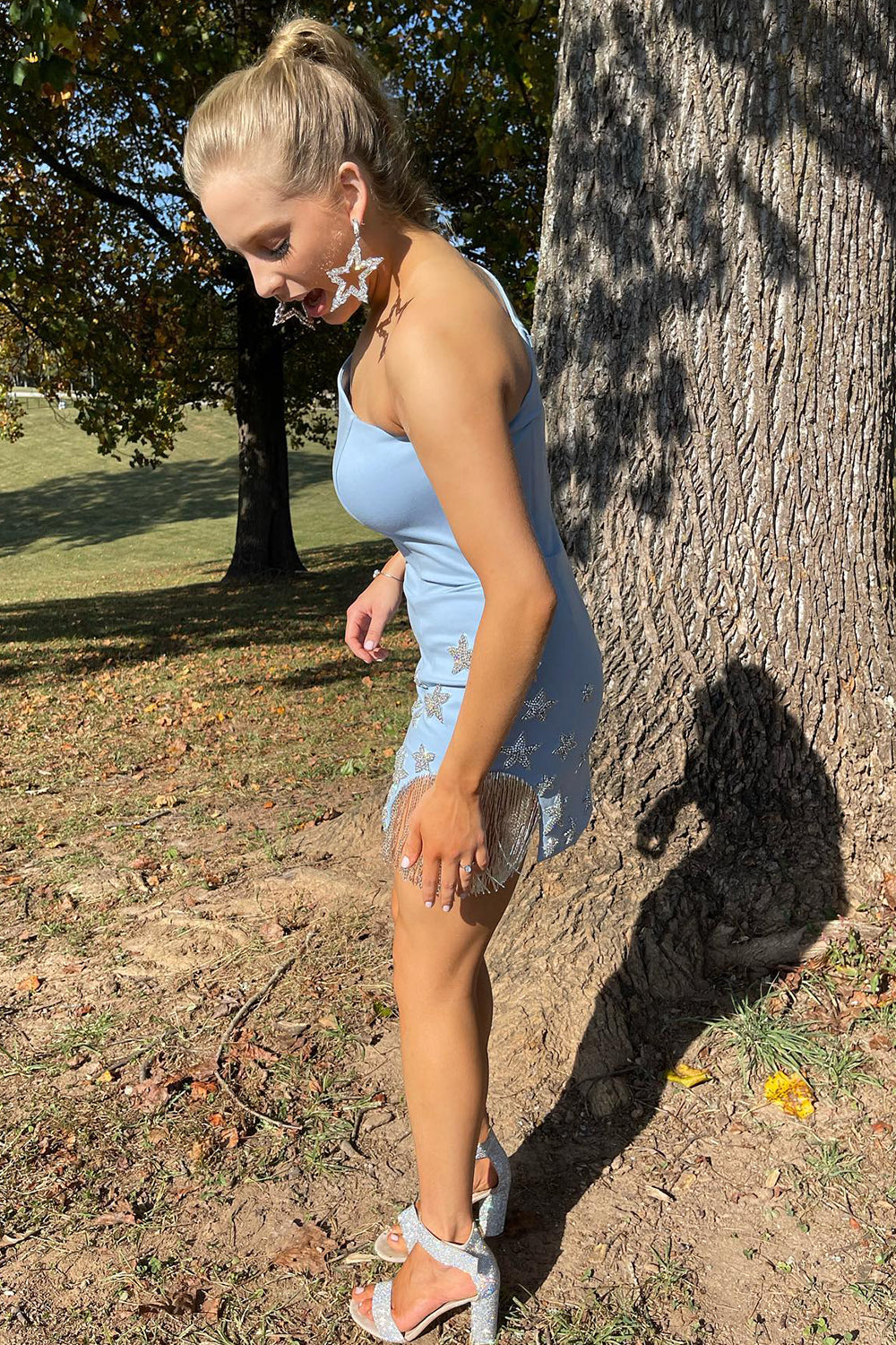 sachin and babi light blue dress Sparkly Black One Shoulder Stars Tight Short Homecoming Dress with Fri   BIZTUNNEL