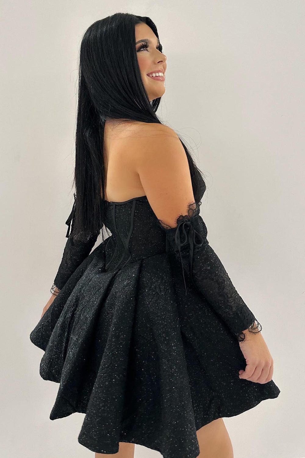 black a line homecoming dress Sparkly Black Sweetheart A Line Corset Homecoming Dress – BIZTUNNEL