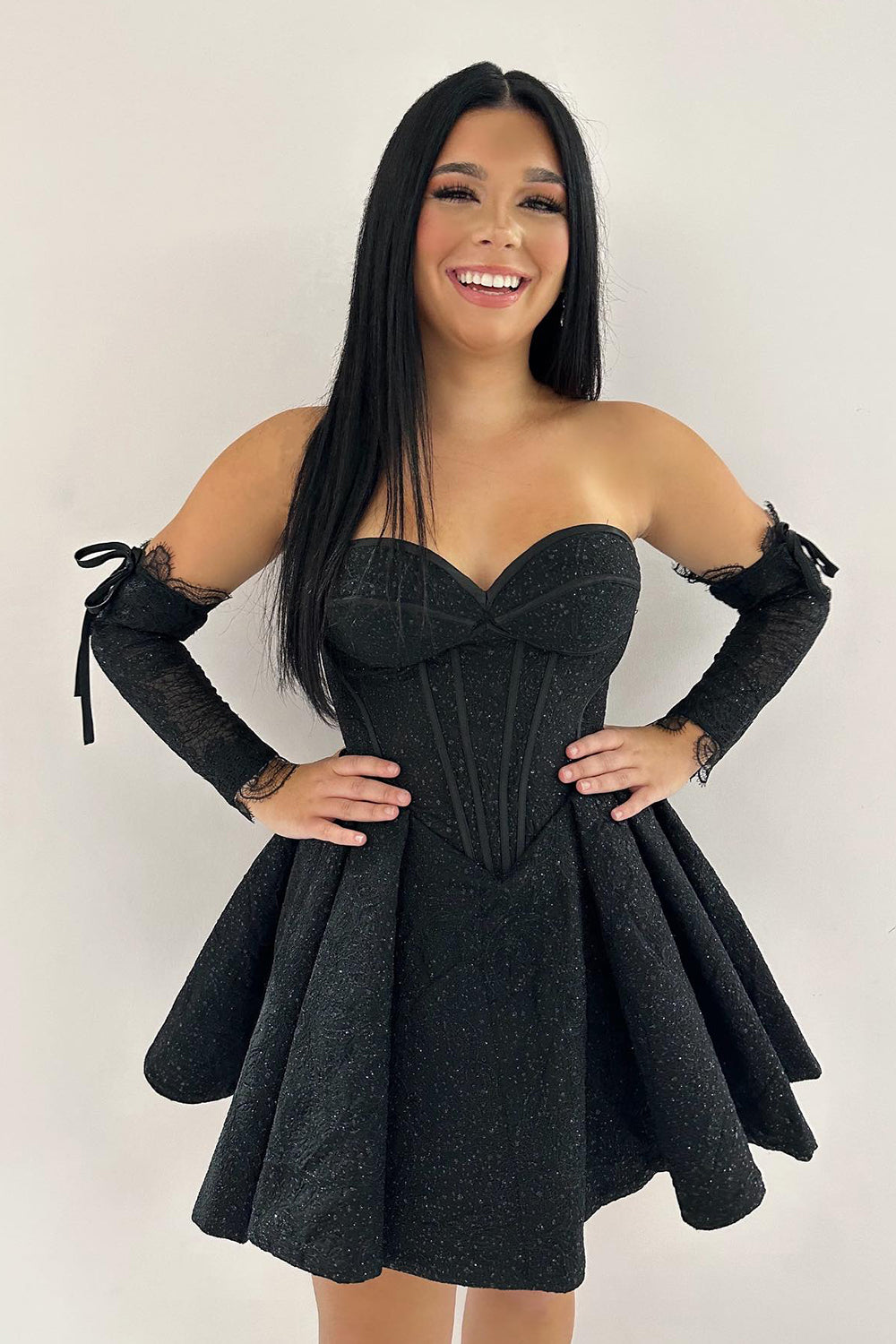 black corset hoco dress Sparkly Black Sweetheart A Line Corset Homecoming Dress