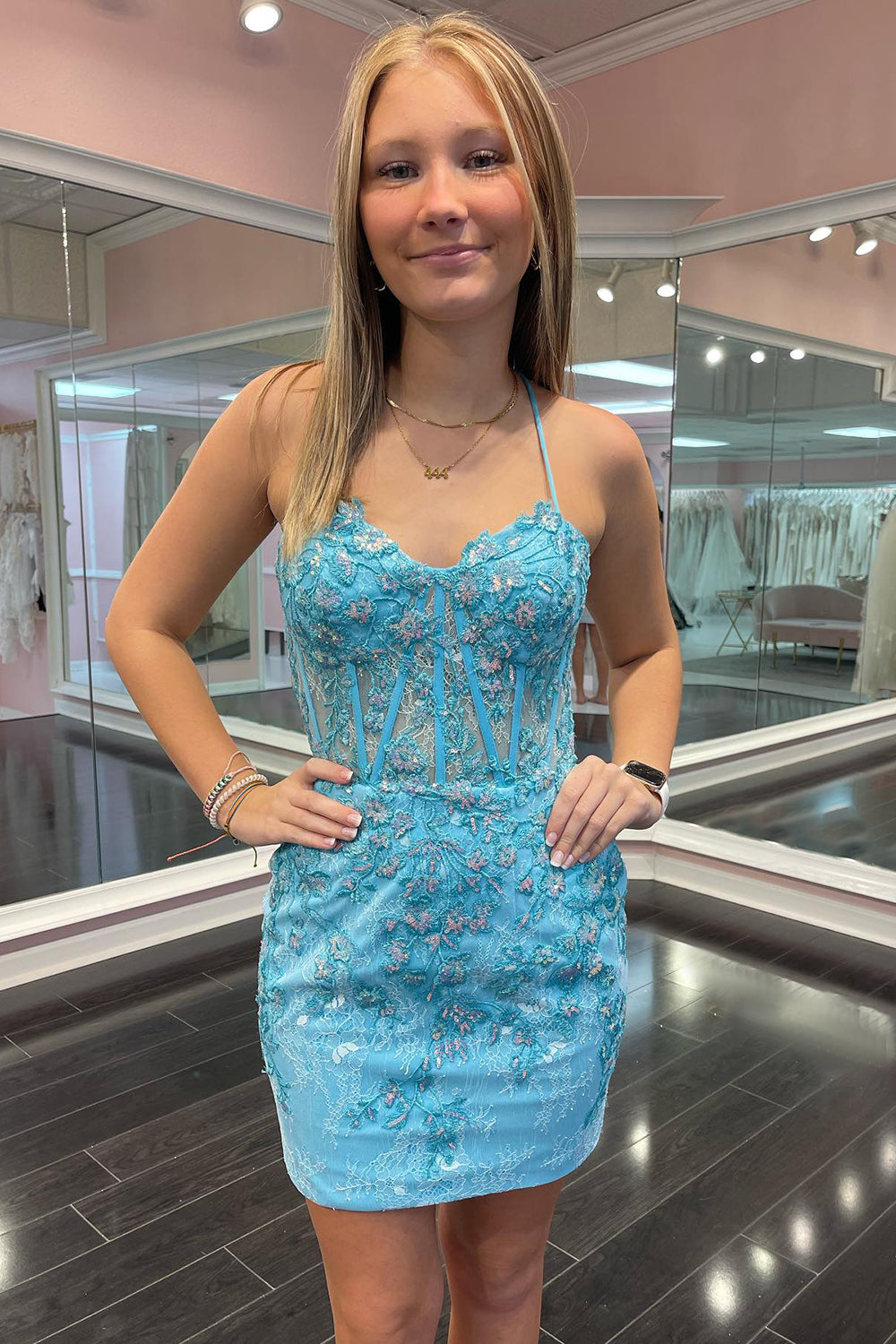 Sparkly Blue Corset Floral Tight Short Homecoming Dress with Lace Sparkly Blue Corset Floral Tight Short Homecoming Dress with Lace