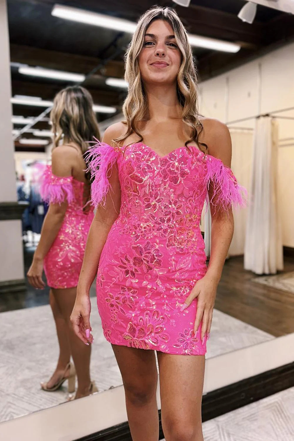 Sparkly Blue Lace Sequined Tight Short Homecoming Dress with Feathers   BIZTUNNEL