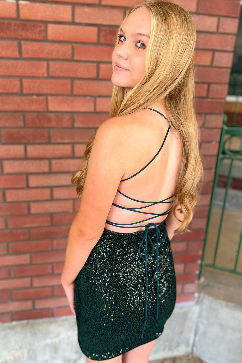 sachin and babi light blue dress Sparkly Dark Green Sequined Tight Short Homecoming Dress with Slit