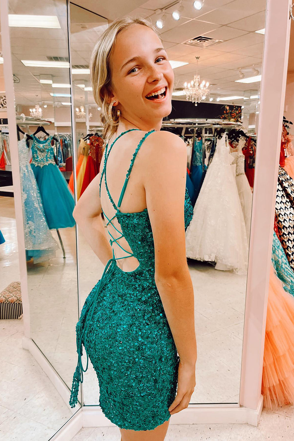 tight green sparkly dress Dark Sequins Lace-Up Back Short Homecoming – BIZTUNNEL 1st Communion Dresses North Arlington NJ Color::#25-Light Yellow Button keyhole back NWOT $1,350 Zimmermann High