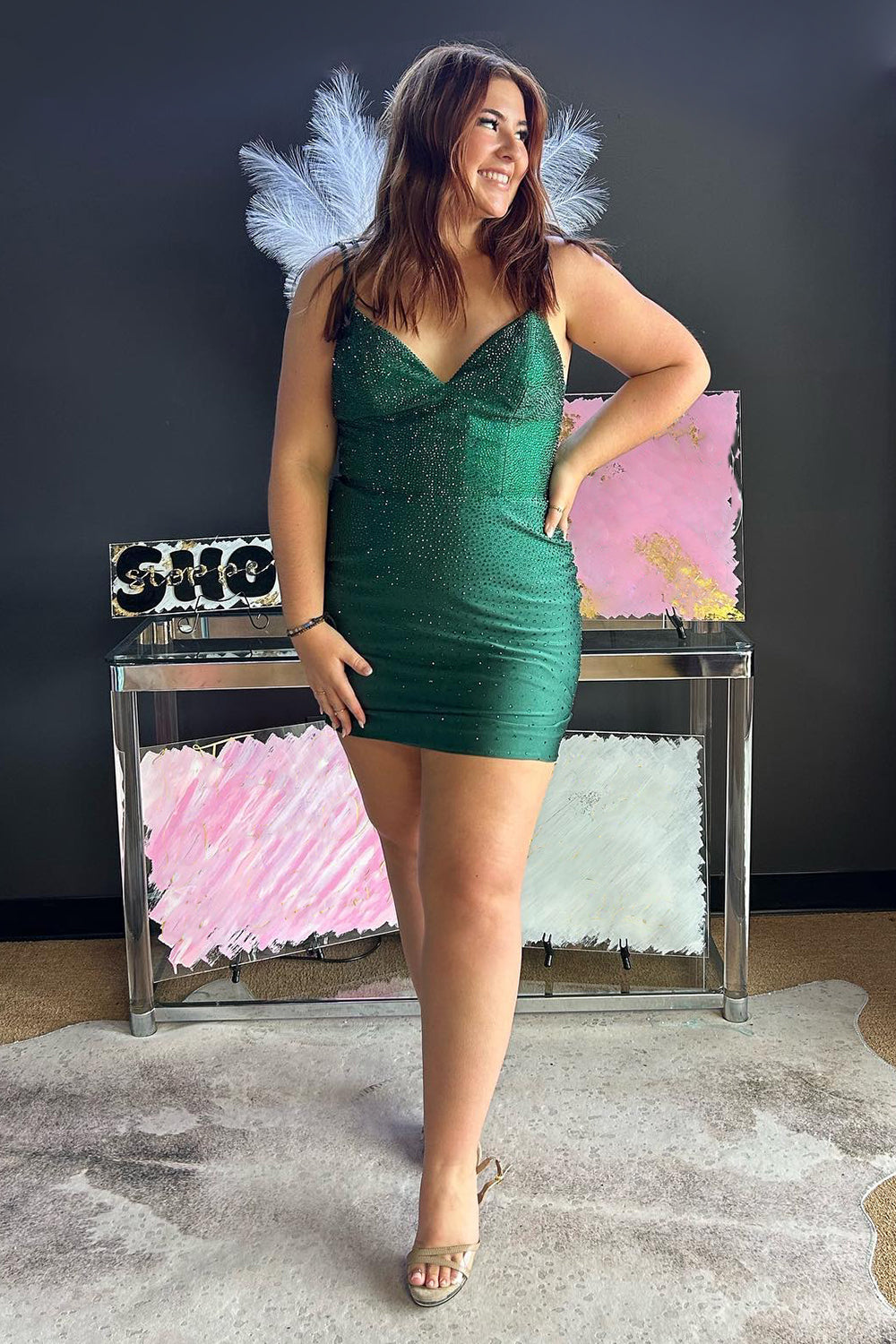 Sparkly Dark Green Spaghetti Straps Beaded Backless Tight Homecoming D – BIZTUNNEL