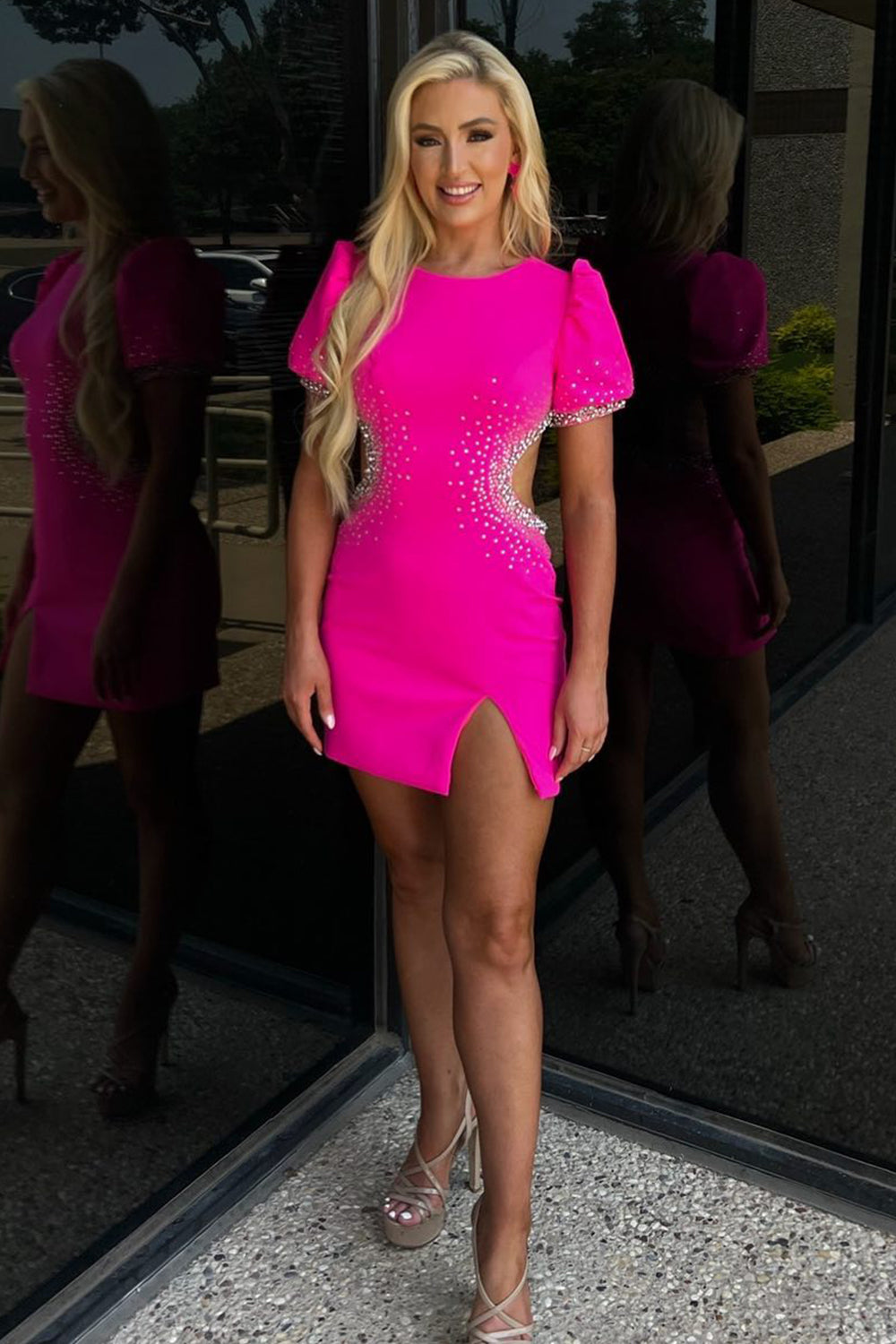 Sparkly Fuchsia Sequin Cut Out Tight Short Homecoming Dress – BIZTUNNEL