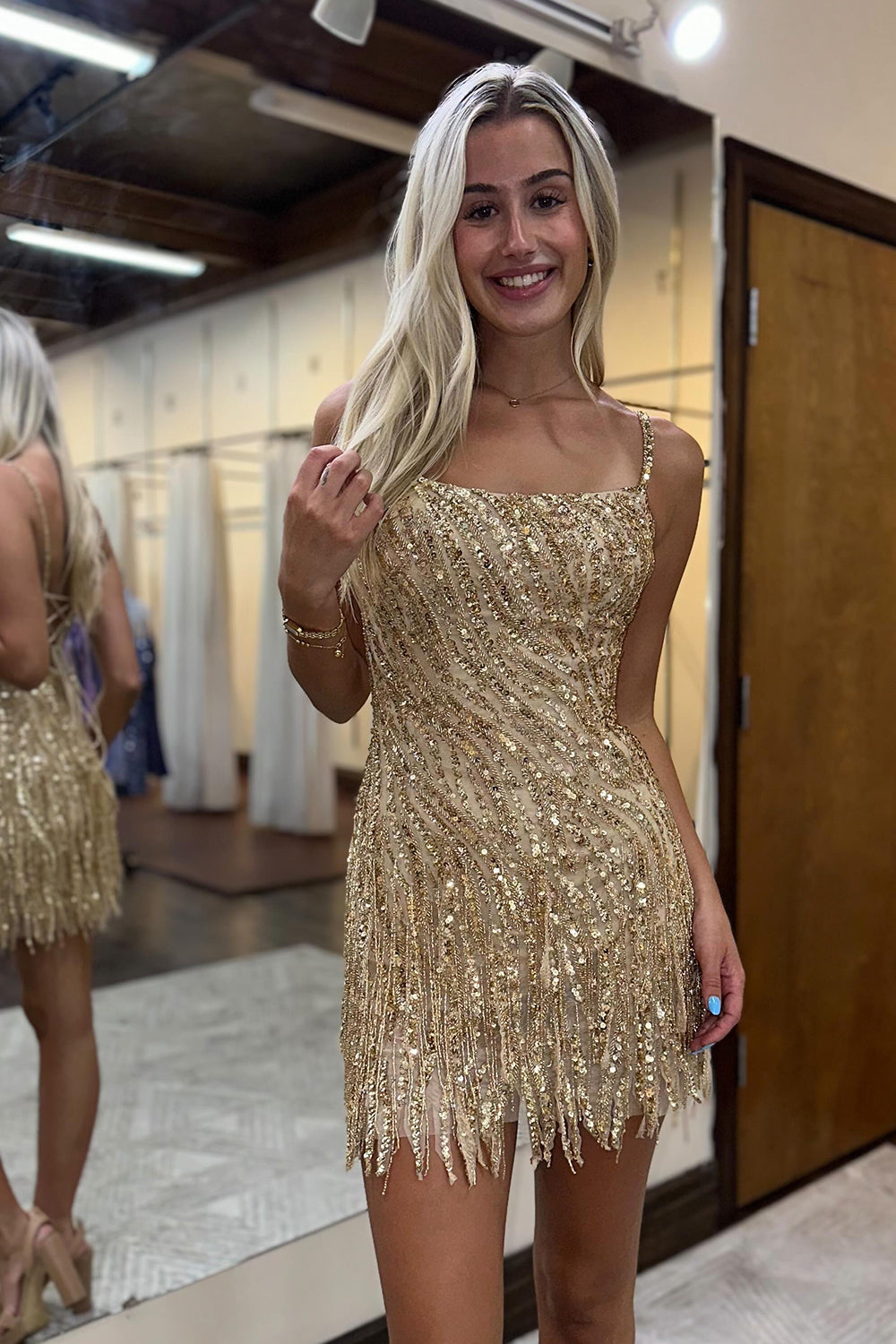 mini gold hoco dresses Sparkly Spaghetti Straps Beaded Fringed Tight Short Dress – BIZTUNNEL Ladies Wedding Party Heel sophisticated minimalist velvet gown the playful shoulder straps Color:Malibu Pink Bouquet