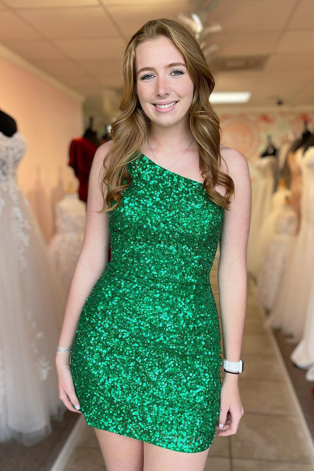 Sparkly Green Sequined One Shoulder Tight Short Homecoming Dress Sparkly Green Sequined One Shoulder Tight Short Homecoming Dress