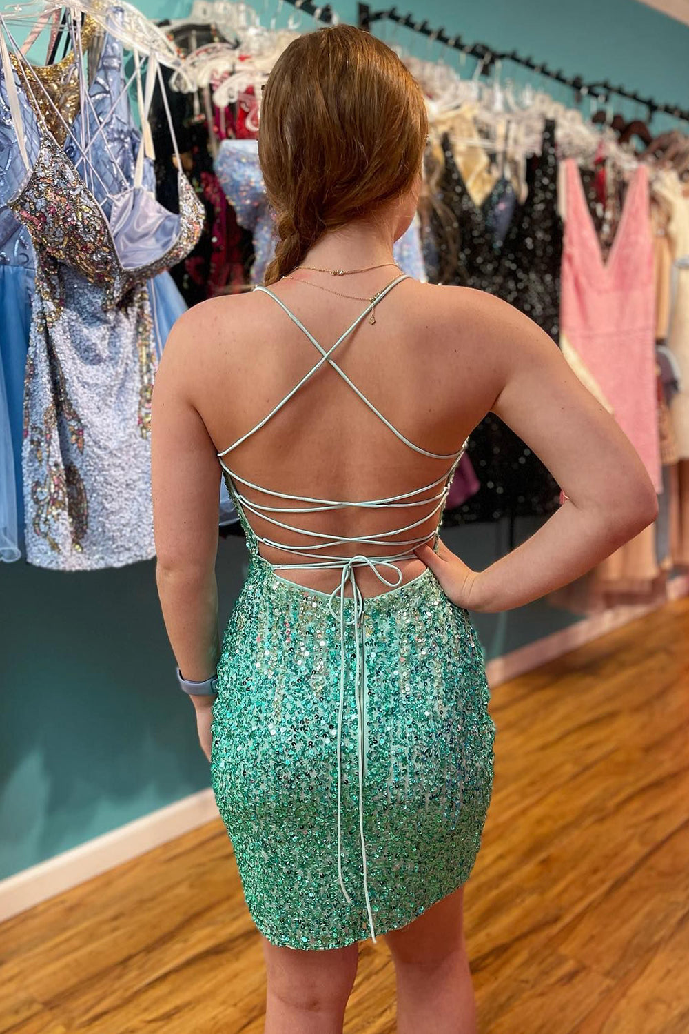 Sparkly Green Sequins Lace-Up Back Tight Homecoming Dress BIZTUNNEL Sparkly Green Sequins Lace-Up Back Tight Homecoming Dress BIZTUNNEL