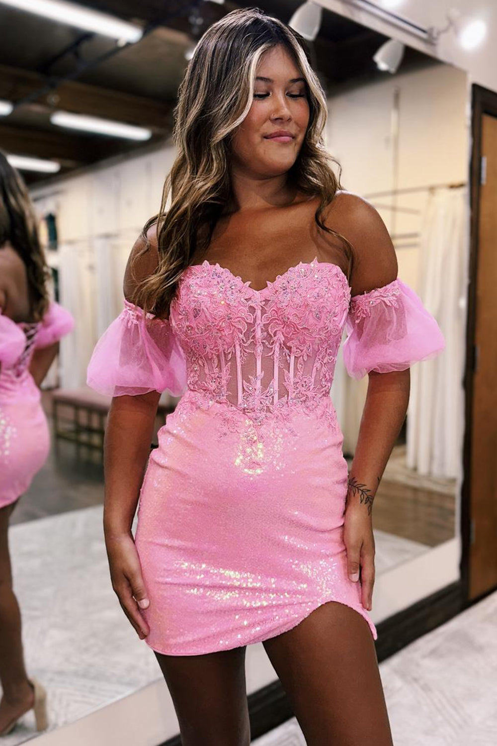 Sparkly Pink Corset Detachable Short Sleeves Sequins Tight Short Homec – BIZTUNNEL