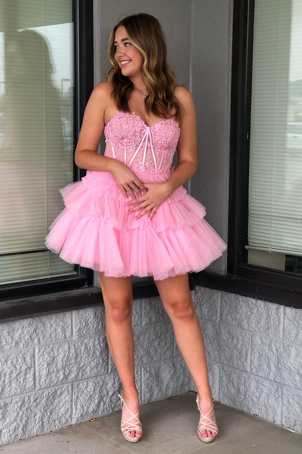 corset tiered mini dress Ava Presley 26444 Pink Floral Strapless Mini Dress