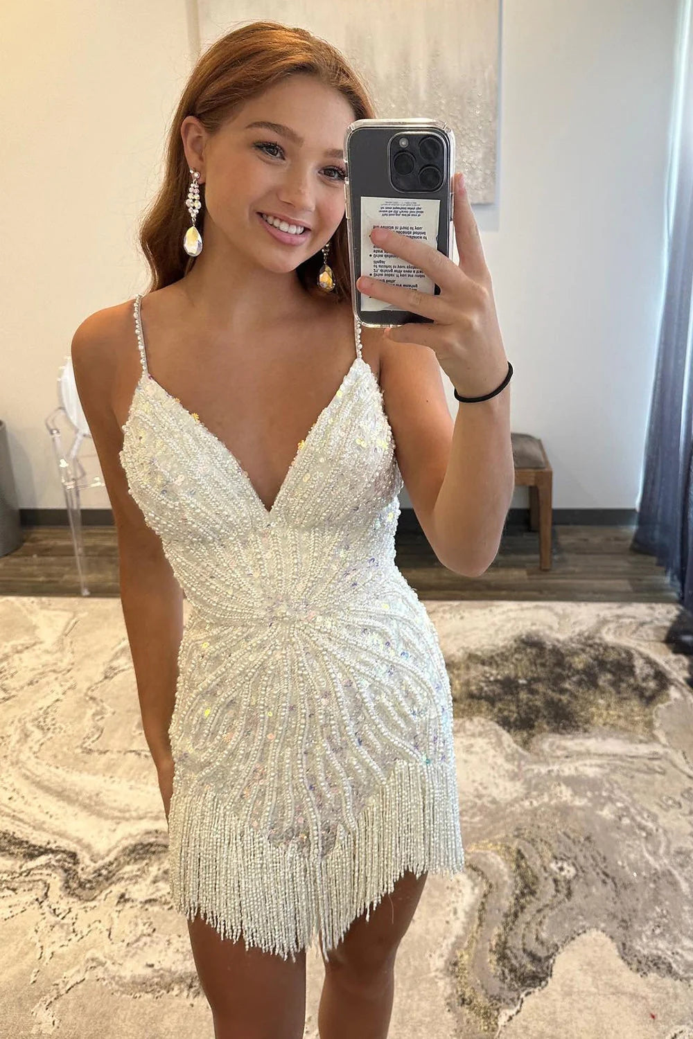Sparkly White Beaded Tight Short Homecoming Dress with Fringes – BIZTUNNEL